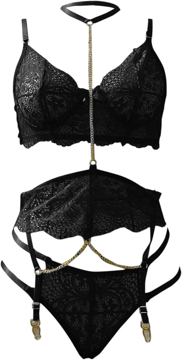 Sexy Choker Floral Lace Underwire Push Up Garter Belt Lingerie Set for Women Sheer Bra and Panty 3 Piece Gothic Lingerie