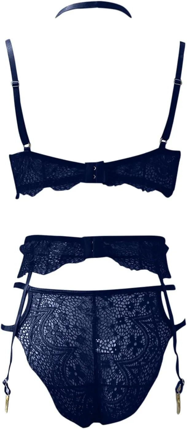 Sexy Choker Floral Lace Underwire Push Up Garter Belt Lingerie Set for Women Sheer Bra and Panty 3 Piece Gothic Lingerie