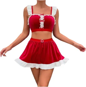 Sexy Christmas Lingerie Set for Women Santa Cosplay Lingerie Set Contrast Lace Velvet Bra and Panty Naughty Nightgown