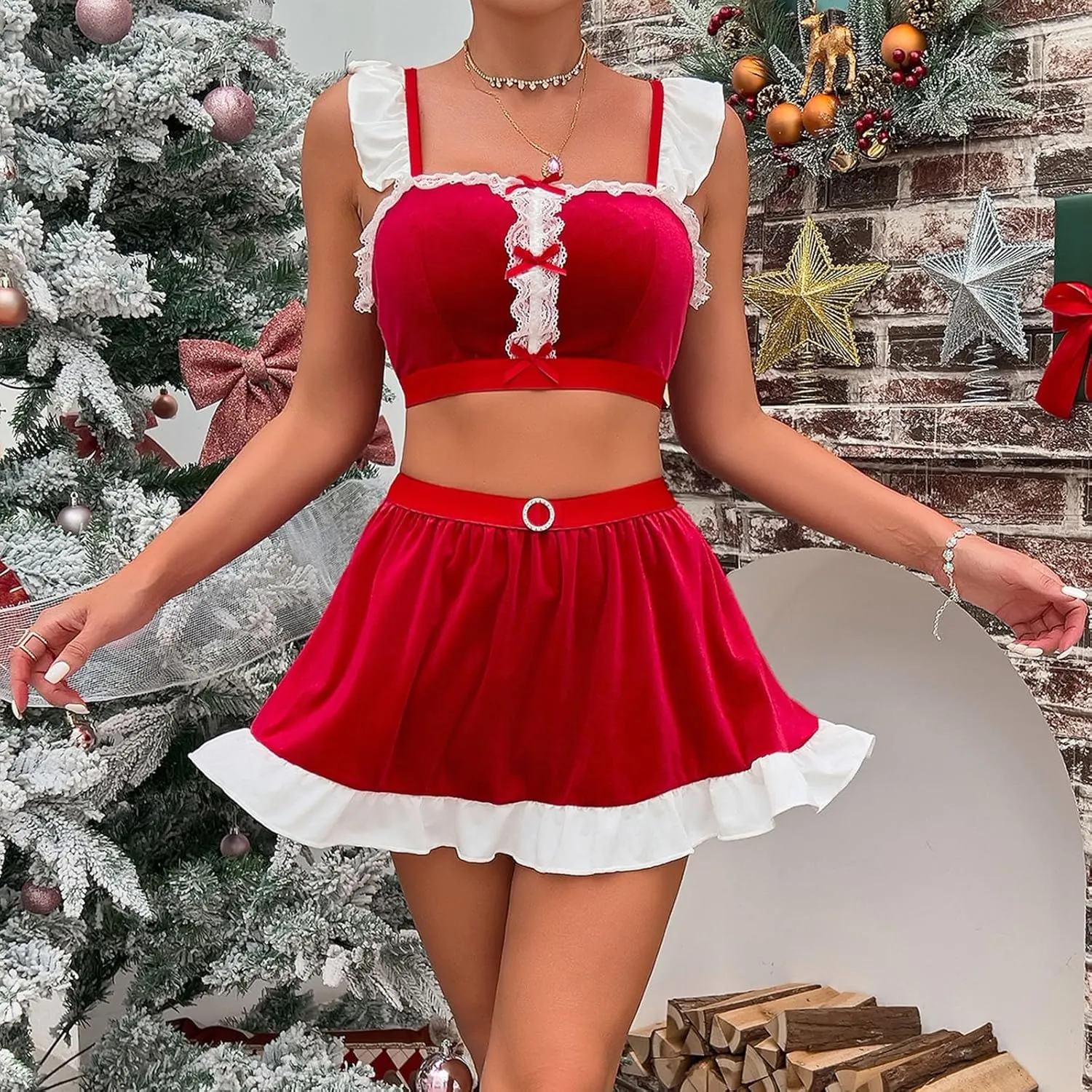 Sexy Christmas Lingerie Set for Women Santa Cosplay Lingerie Set Contrast Lace Velvet Bra and Panty Naughty Nightgown