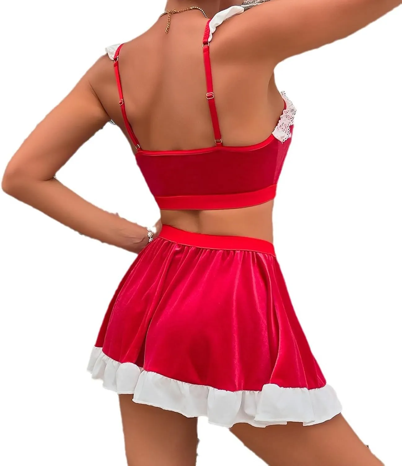 Sexy Christmas Lingerie Set for Women Santa Cosplay Lingerie Set Contrast Lace Velvet Bra and Panty Naughty Nightgown