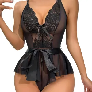 Sexy Open Front Ruffle Sheer Mesh Lace Lingerie Dress with Thong 2 Piece plus Size for Women Sexy