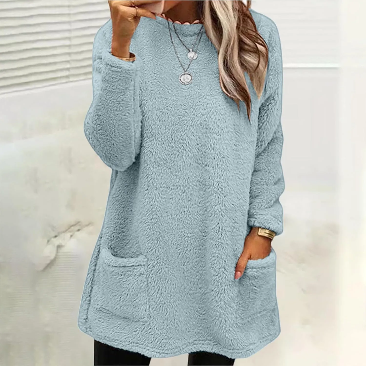 SHAOBGE Fleece Sherpa Pullover for Women Casual Crewneck Pullover Winter Warm Faux Fur Sweatshirts Loungwear Tops with Pocket