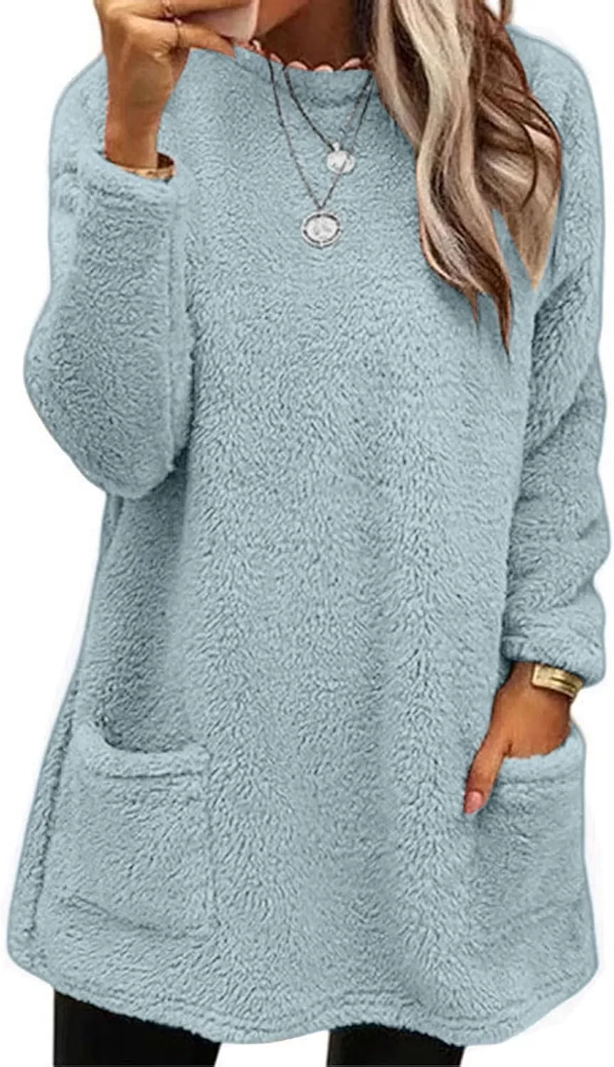 SHAOBGE Fleece Sherpa Pullover for Women Casual Crewneck Pullover Winter Warm Faux Fur Sweatshirts Loungwear Tops with Pocket