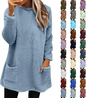 SHAOBGE Fleece Sherpa Pullover for Women Casual Crewneck Pullover Winter Warm Faux Fur Sweatshirts Loungwear Tops with Pocket