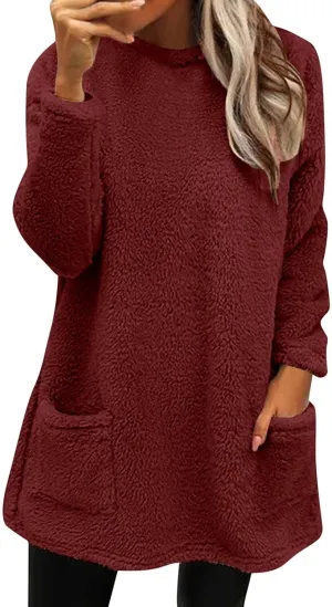 SHAOBGE Womens 2023 Winter Fleece Jacket Sweater Warm Solid Color Outerwear Lightweight Casual Loose Coat with Pockets