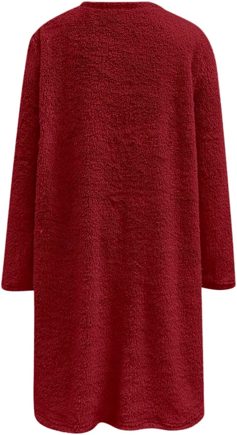 SHAOBGE Womens 2023 Winter Fleece Jacket Sweater Warm Solid Color Outerwear Lightweight Casual Loose Coat with Pockets
