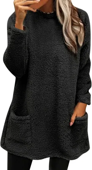 SHAOBGE Womens 2023 Winter Fleece Jacket Sweater Warm Solid Color Outerwear Lightweight Casual Loose Coat with Pockets