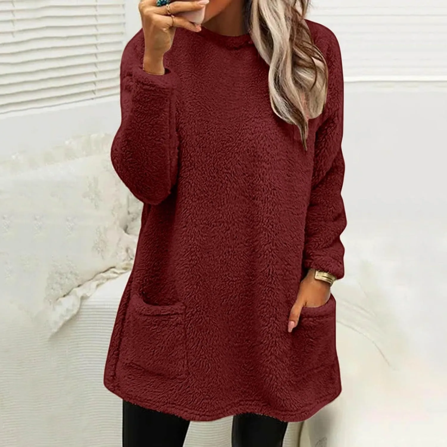 SHAOBGE Womens 2023 Winter Fleece Jacket Sweater Warm Solid Color Outerwear Lightweight Casual Loose Coat with Pockets
