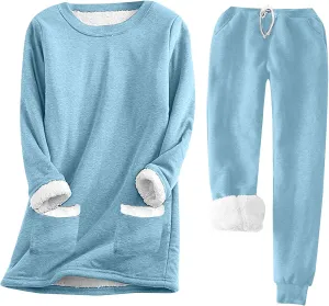 Sherpa Lined Lounge Sets for Women 2 Piece Warm Outfits Long Sleeve Pullover with Pockets Fuzzy Fleece Pajamas Sets