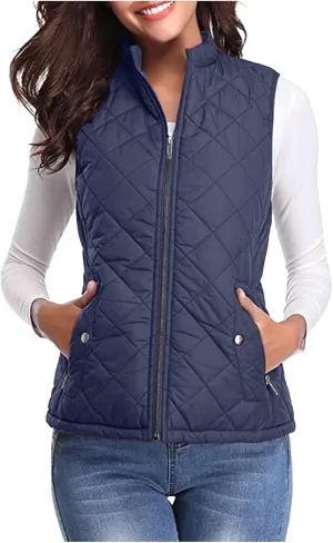 SHOPESSA Quilted Vests for Women Lightweight Stand Collar Down Coat Zip Up Women Padded Gilet with Pockets Thin Puffer Vest