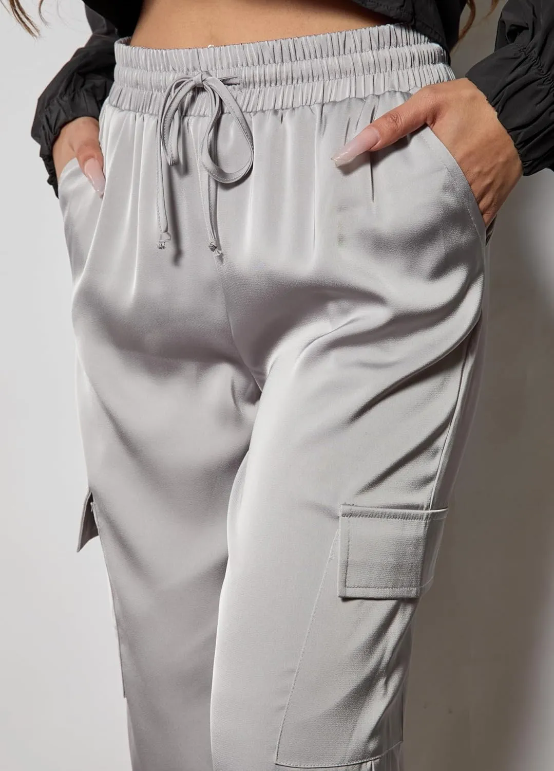 ShoSho Womens Satin Jogger Cargo Pants with Drawstrings