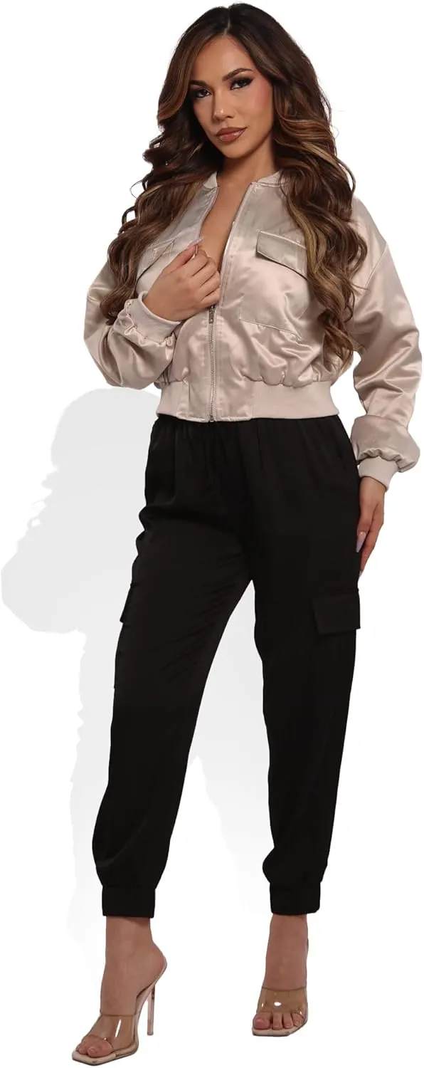 ShoSho Womens Satin Jogger Cargo Pants with Drawstrings