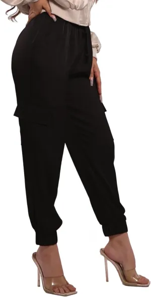 ShoSho Womens Satin Jogger Cargo Pants with Drawstrings