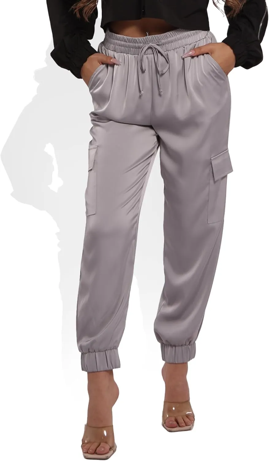 ShoSho Womens Satin Jogger Cargo Pants with Drawstrings