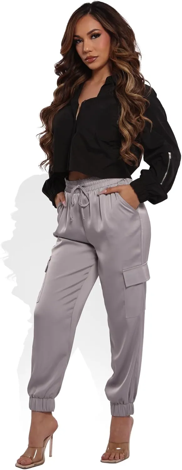 ShoSho Womens Satin Jogger Cargo Pants with Drawstrings