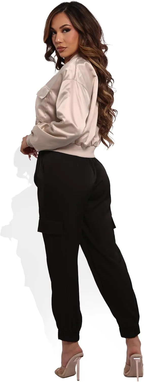 ShoSho Womens Satin Jogger Cargo Pants with Drawstrings