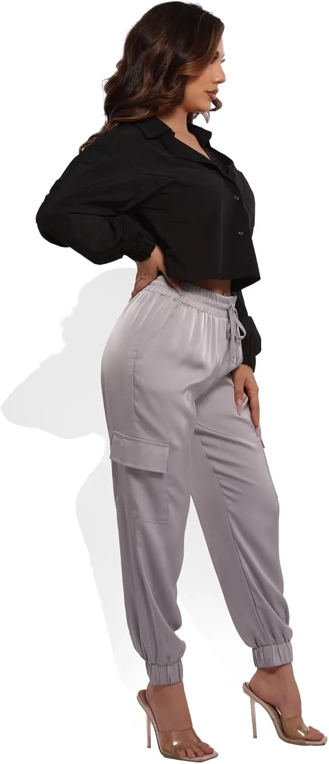 ShoSho Womens Satin Jogger Cargo Pants with Drawstrings