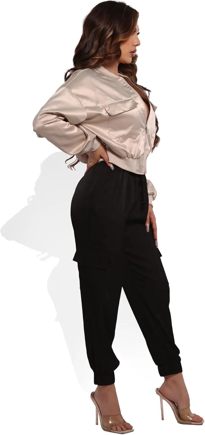 ShoSho Womens Satin Jogger Cargo Pants with Drawstrings