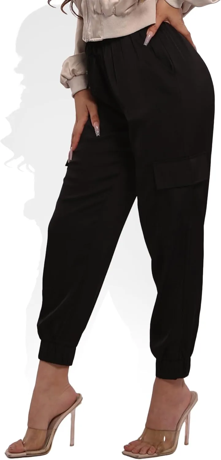 ShoSho Womens Satin Jogger Cargo Pants with Drawstrings