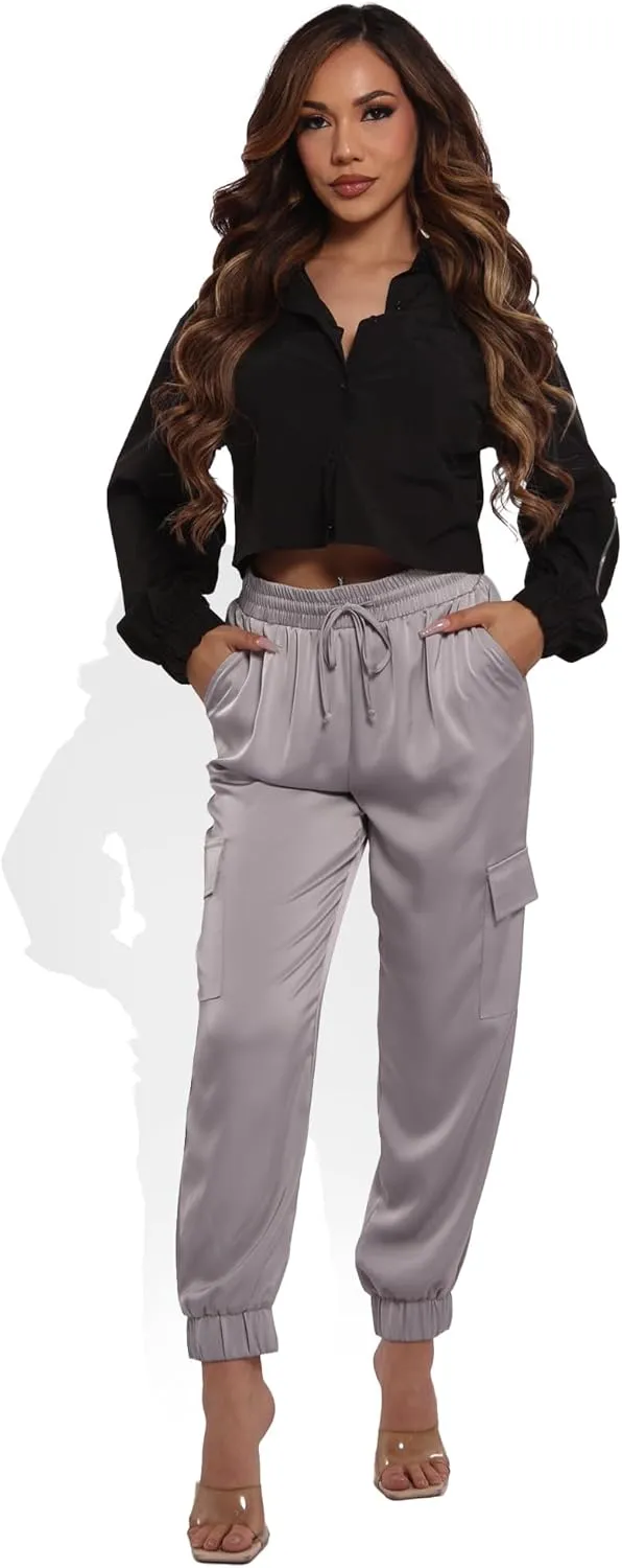 ShoSho Womens Satin Jogger Cargo Pants with Drawstrings