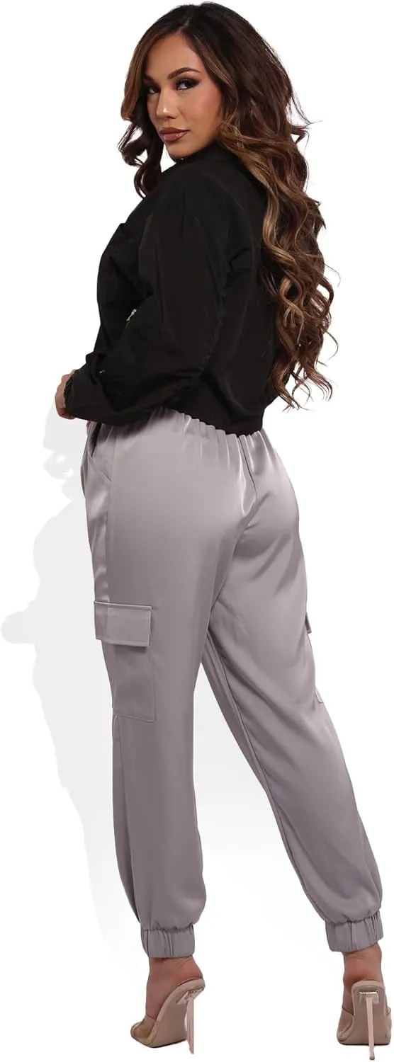ShoSho Womens Satin Jogger Cargo Pants with Drawstrings