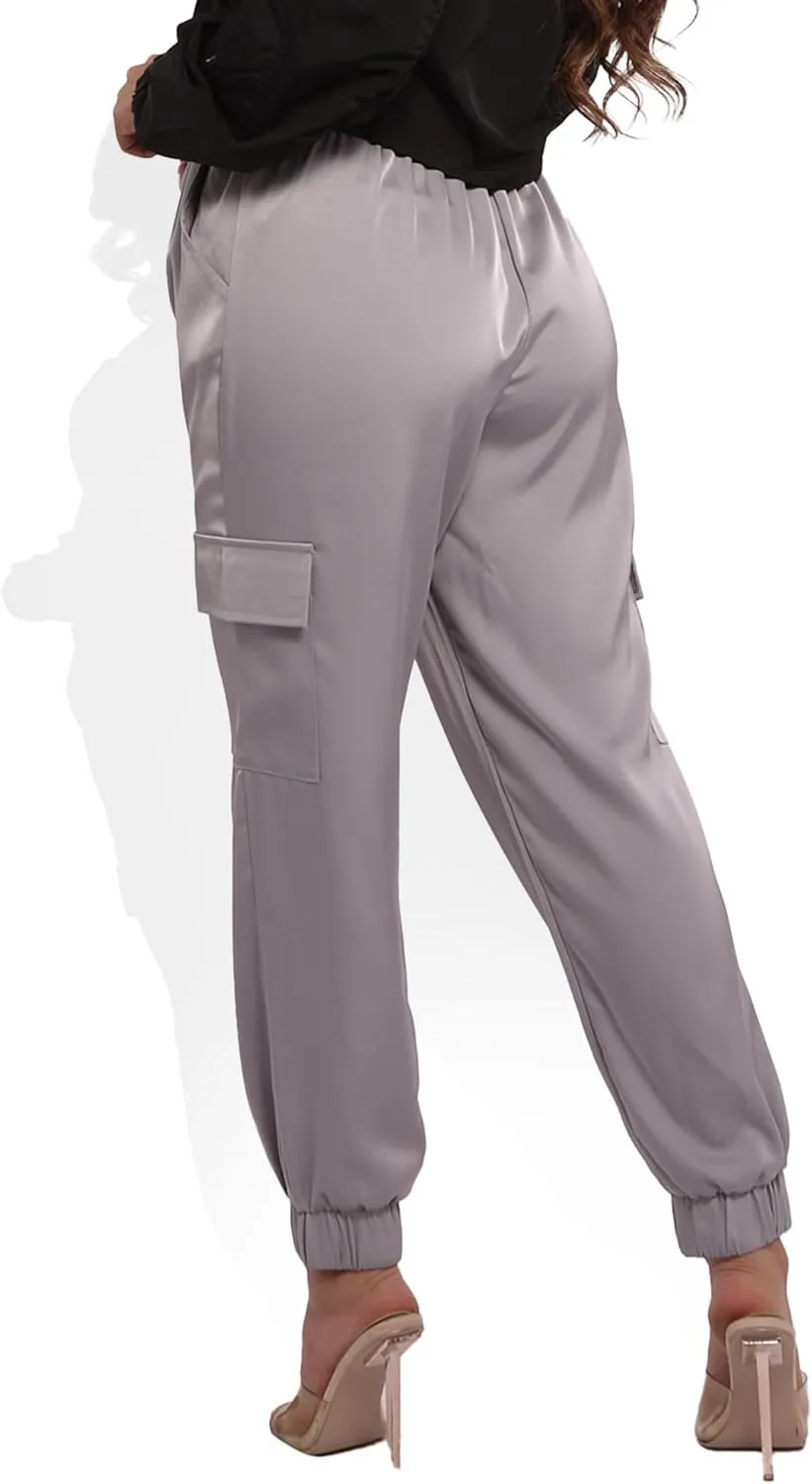 ShoSho Womens Satin Jogger Cargo Pants with Drawstrings