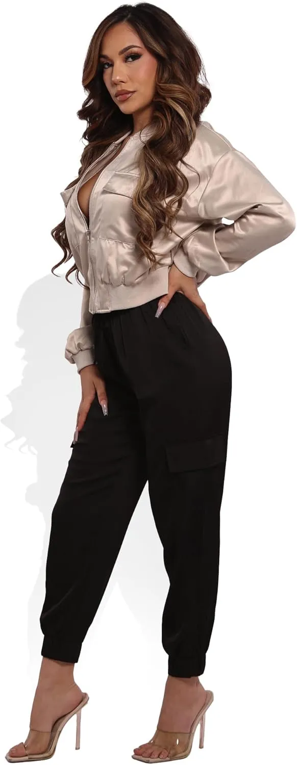 ShoSho Womens Satin Jogger Cargo Pants with Drawstrings