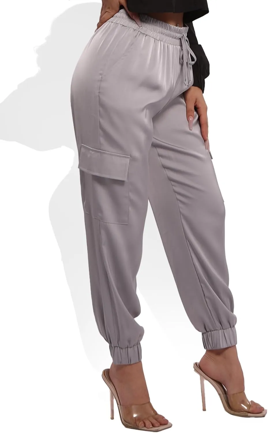 ShoSho Womens Satin Jogger Cargo Pants with Drawstrings