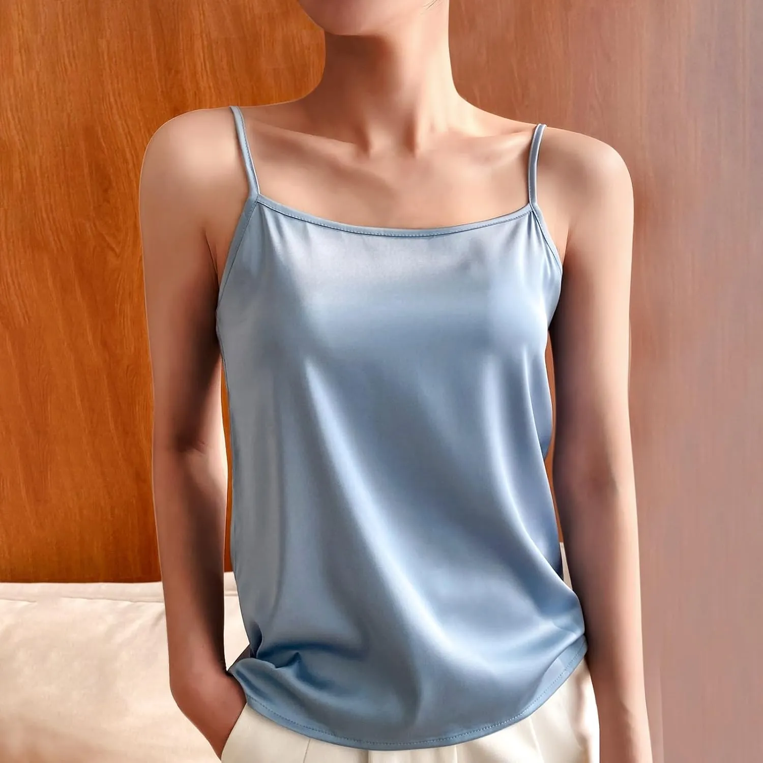Silky Camisole Tops for Women Spaghetti Strap Tank Top Satin Cami Shirts Basic Undershirt Loose Sleeveless Blouse