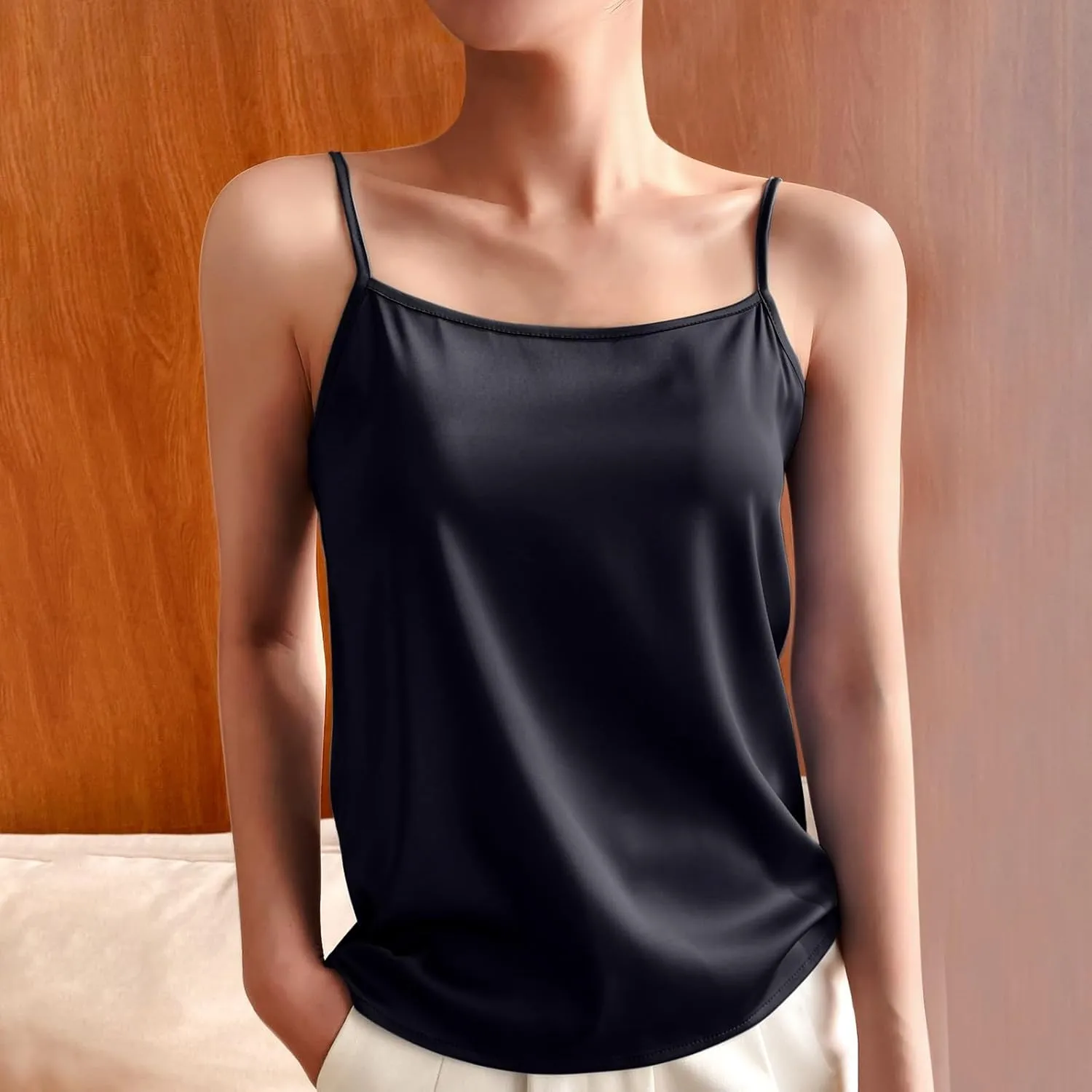Silky Camisole Tops for Women Spaghetti Strap Tank Top Satin Cami Shirts Basic Undershirt Loose Sleeveless Blouse