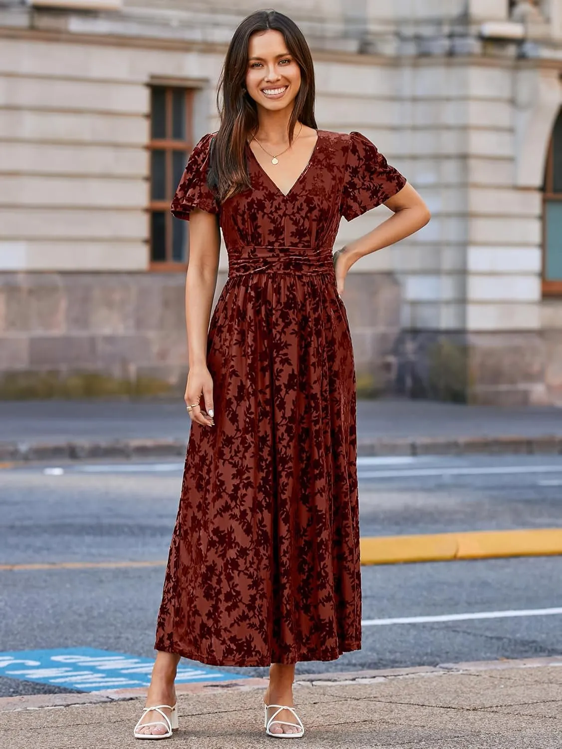 Simplee Women's Velvet Maxi Dress V Neck Short Sleeve Empire Waist Semi Formal Long Cocktail Dresses