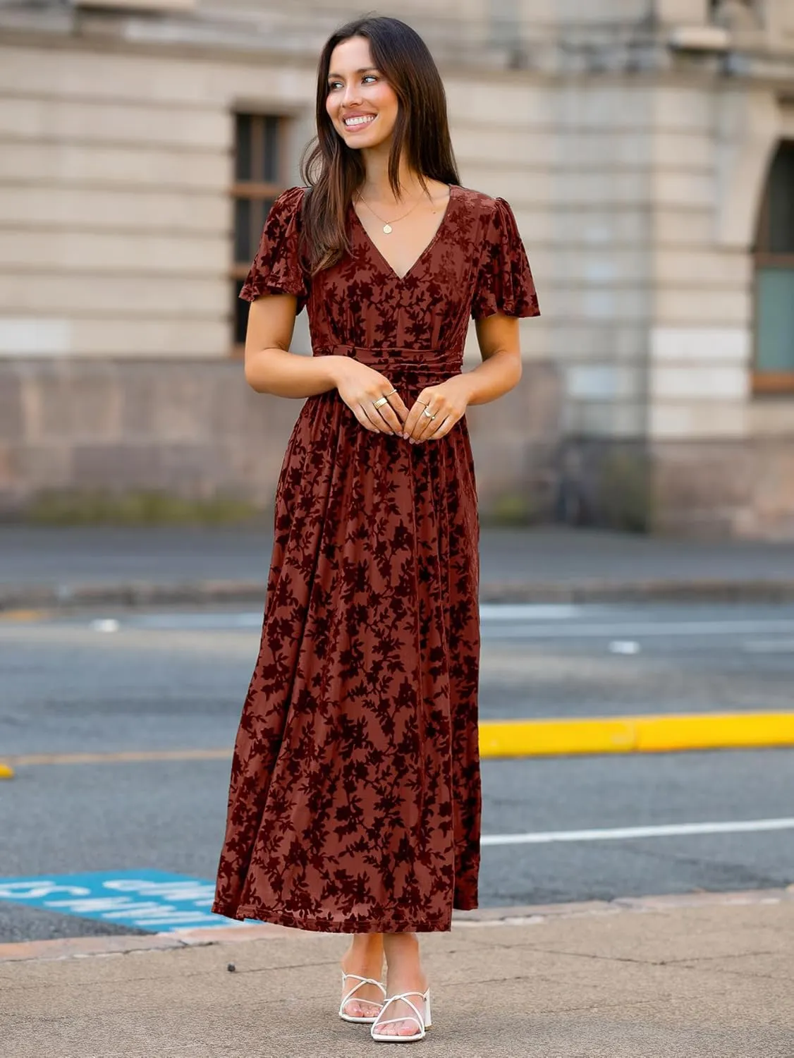 Simplee Women's Velvet Maxi Dress V Neck Short Sleeve Empire Waist Semi Formal Long Cocktail Dresses