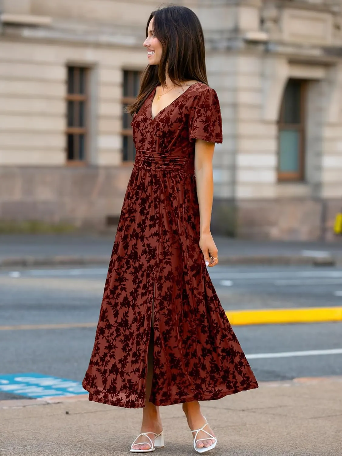 Simplee Women's Velvet Maxi Dress V Neck Short Sleeve Empire Waist Semi Formal Long Cocktail Dresses