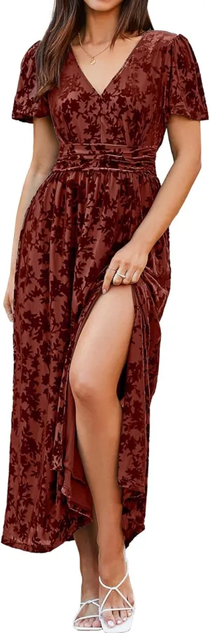 Simplee Women's Velvet Maxi Dress V Neck Short Sleeve Empire Waist Semi Formal Long Cocktail Dresses