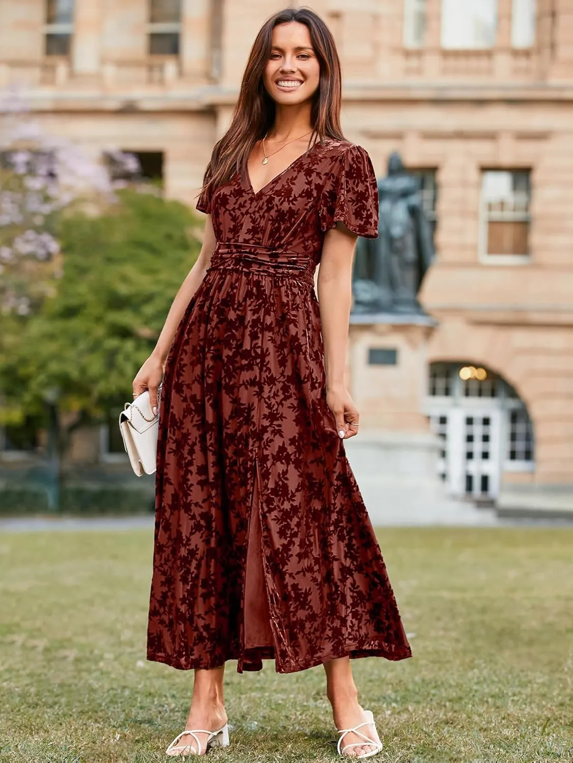 Simplee Women's Velvet Maxi Dress V Neck Short Sleeve Empire Waist Semi Formal Long Cocktail Dresses