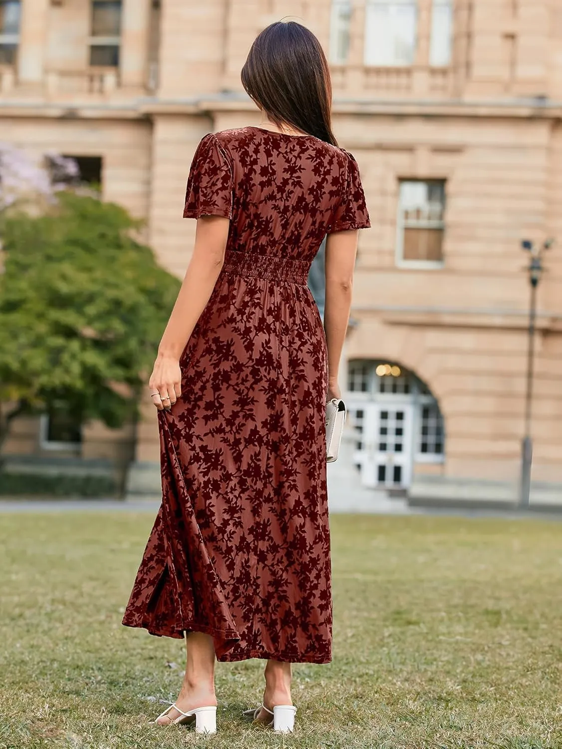 Simplee Women's Velvet Maxi Dress V Neck Short Sleeve Empire Waist Semi Formal Long Cocktail Dresses