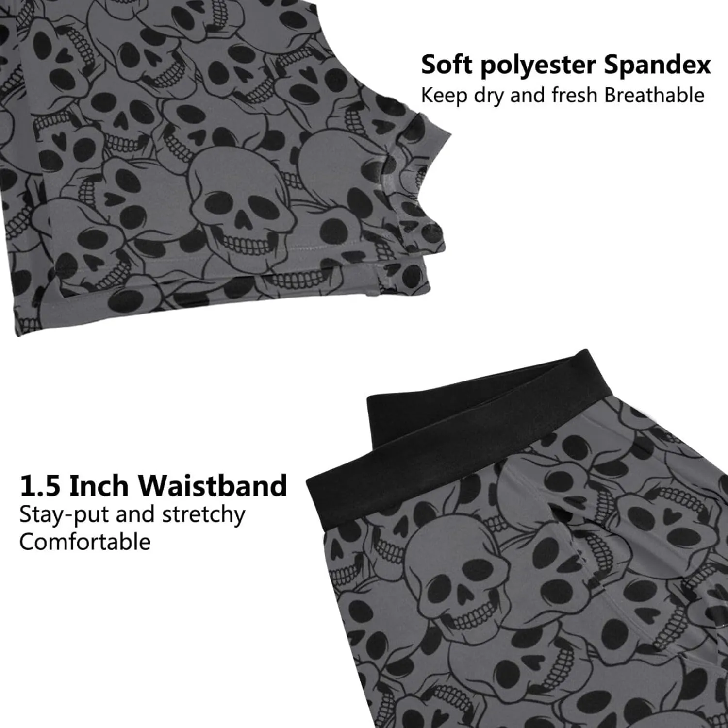 Skull Head Print Mens Boxer Briefs Stretch Breathable Underwear Fly Front With Pouch S-XXL