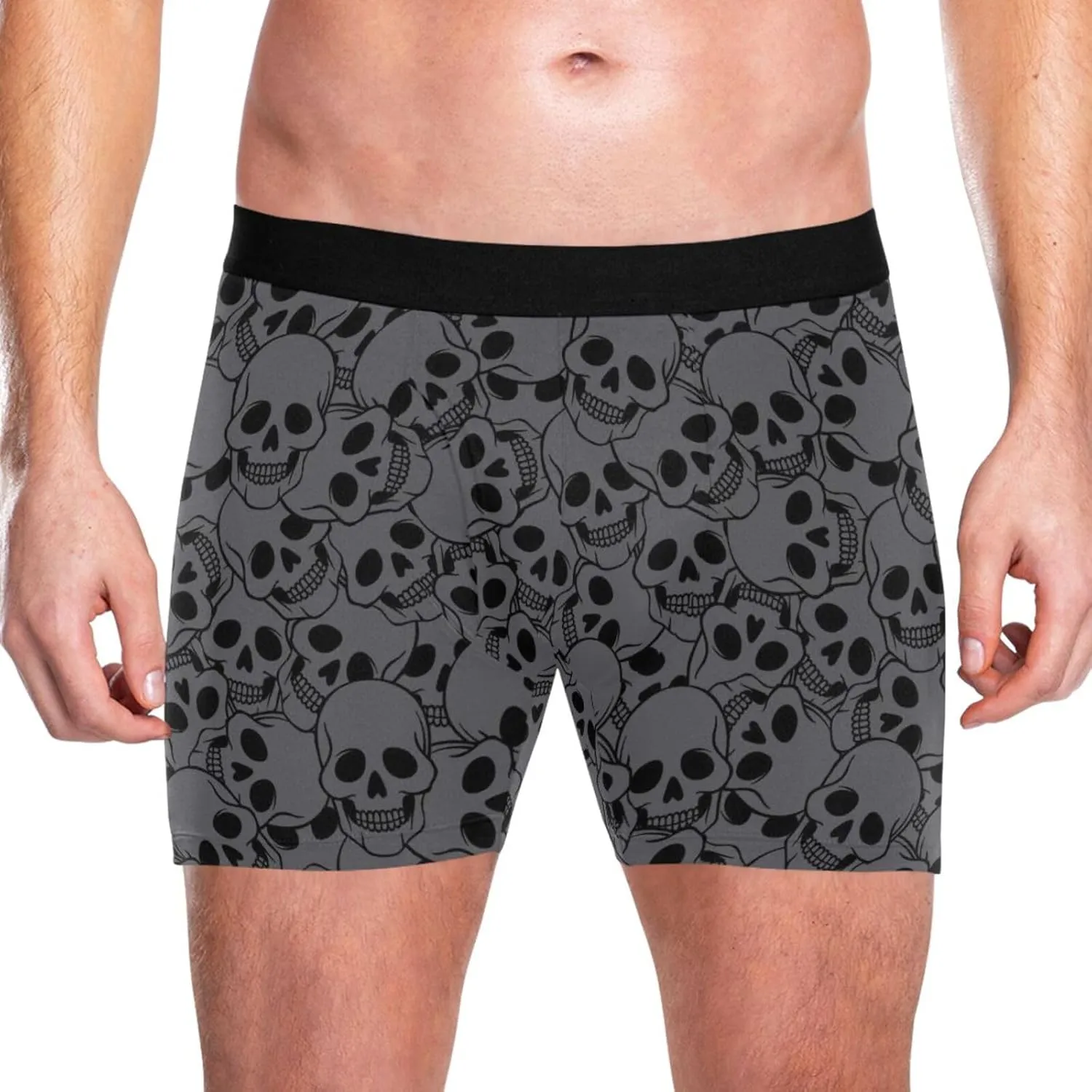 Skull Head Print Mens Boxer Briefs Stretch Breathable Underwear Fly Front With Pouch S-XXL