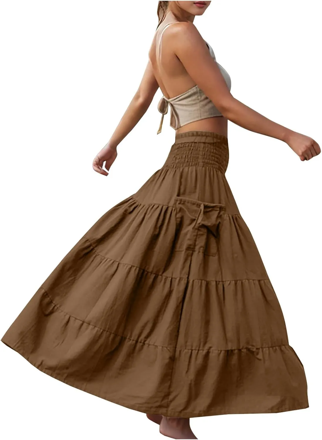 Solid Maxi Skirt for Women Elastic High Waist Swing Tiered A-line Flowy Pleated Boho Beach Vacation Long Skirts