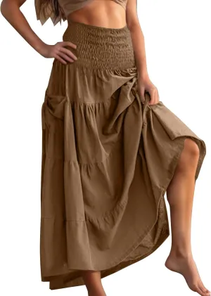 Solid Maxi Skirt for Women Elastic High Waist Swing Tiered A-line Flowy Pleated Boho Beach Vacation Long Skirts
