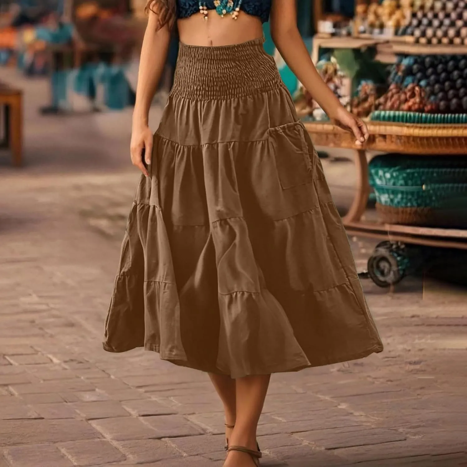 Solid Maxi Skirt for Women Elastic High Waist Swing Tiered A-line Flowy Pleated Boho Beach Vacation Long Skirts