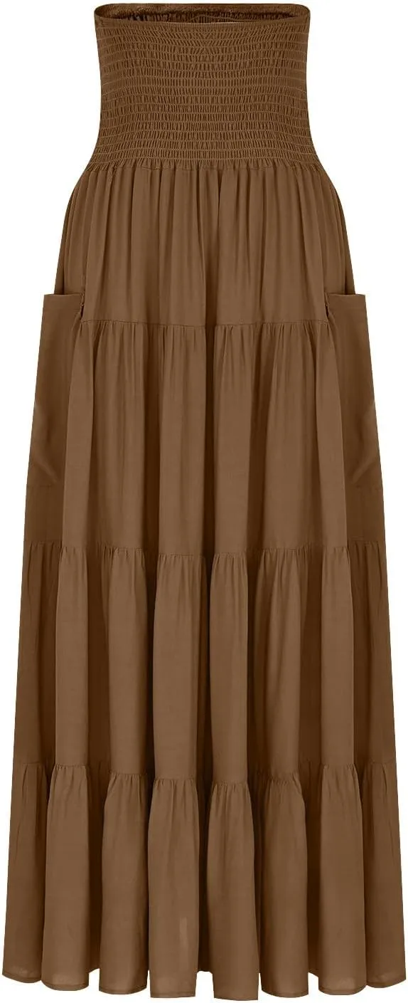 Solid Maxi Skirt for Women Elastic High Waist Swing Tiered A-line Flowy Pleated Boho Beach Vacation Long Skirts