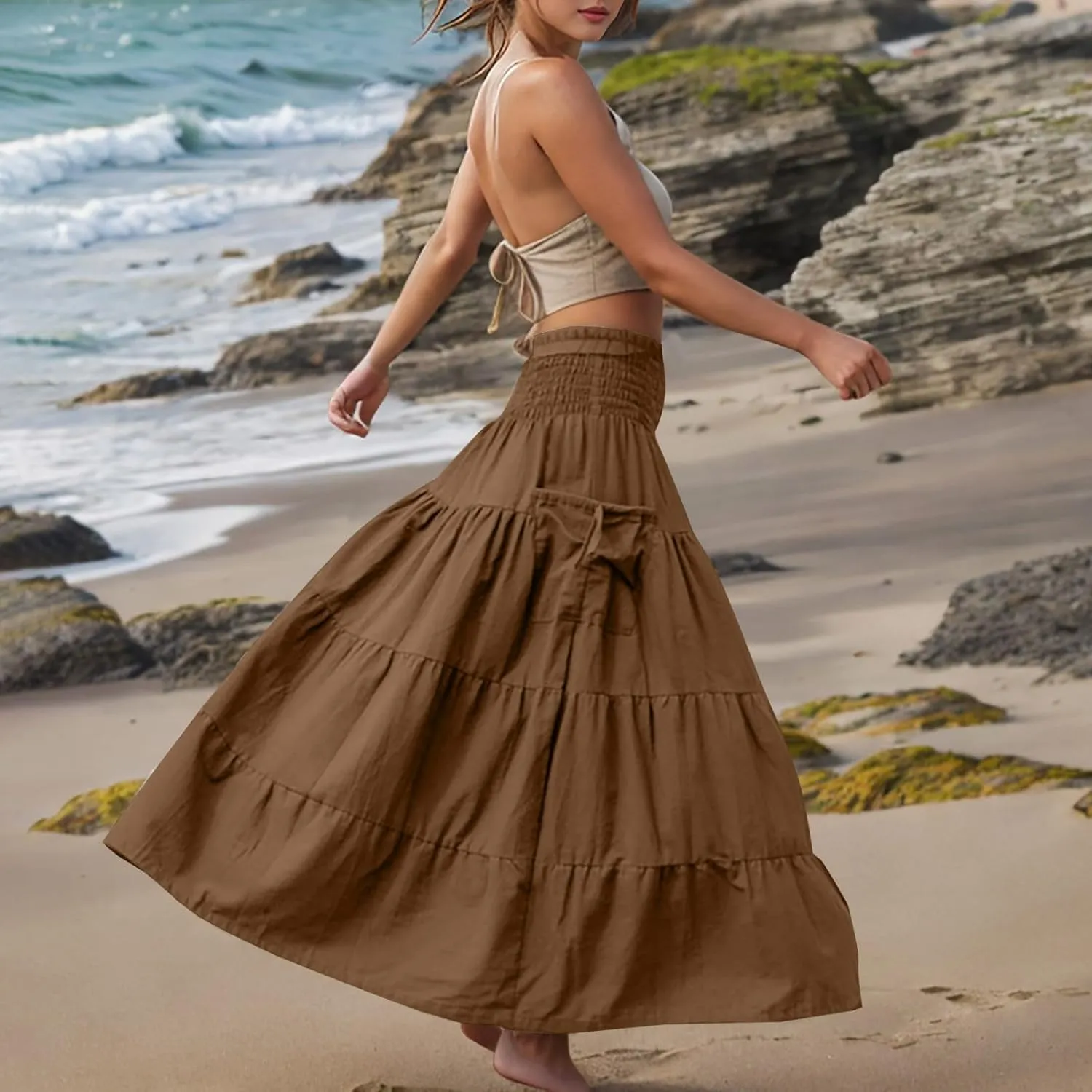 Solid Maxi Skirt for Women Elastic High Waist Swing Tiered A-line Flowy Pleated Boho Beach Vacation Long Skirts