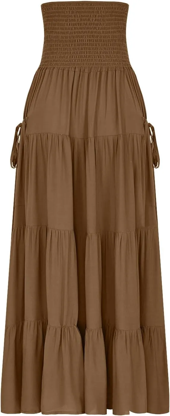 Solid Maxi Skirt for Women Elastic High Waist Swing Tiered A-line Flowy Pleated Boho Beach Vacation Long Skirts