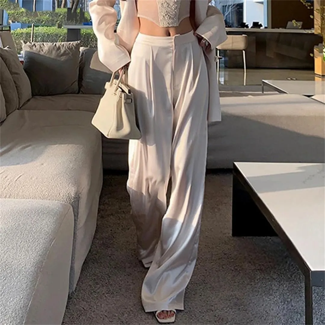 Straight Satin Pants Women Wide Leg Trousers