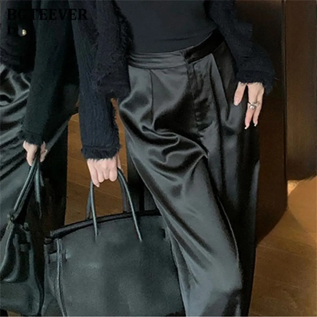 Straight Satin Pants Women Wide Leg Trousers