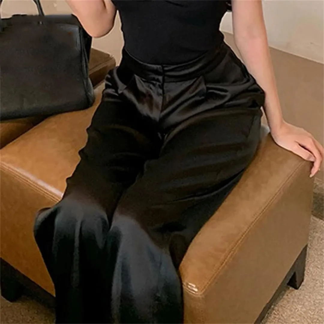 Straight Satin Pants Women Wide Leg Trousers