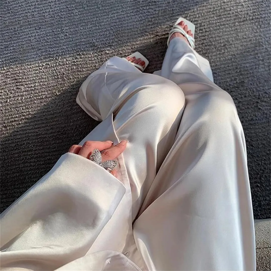 Straight Satin Pants Women Wide Leg Trousers