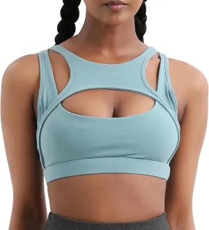 Stretchy Sports Bras Women Racerback Yoga Medium Support Workout Bras Fashion Hollow Breathable Active Tank Bra